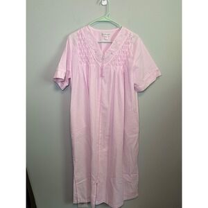 Miss Elaine Pink Seersucker Zip Front Robe Floral Embroidered Housecoat Large